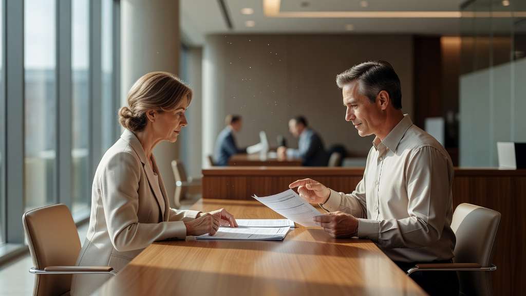 A customer and a bank employee reviewing printed account documents together across a wooden counter inside a sunlit modern bank branch