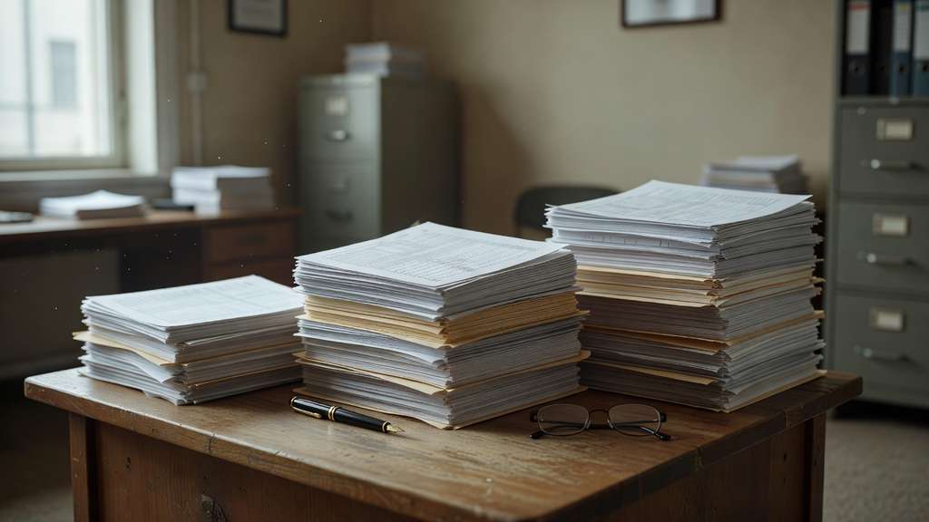 Tall stacks of plain printed accounting ledgers and manila folders piled on a wooden desk in a quiet government office, with a fountain pen and reading glasses resting beside them under soft diffused window light