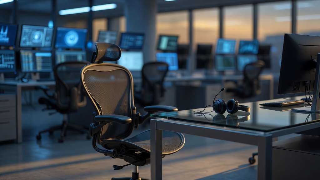 An empty fixed income trading desk at dusk, with a headset resting on the uncluttered surface in sharp foreground focus and rows of softly glowing out of focus monitors receding into the darkened room behind it