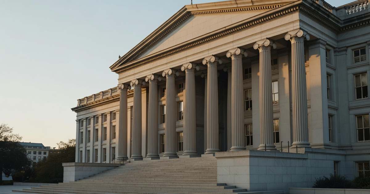 The neoclassical stone facade and Ionic columns of the United States Treasury Department building in Washington DC, lit by low golden morning sunlight, with empty granite steps in the foreground and a clear pale sky above