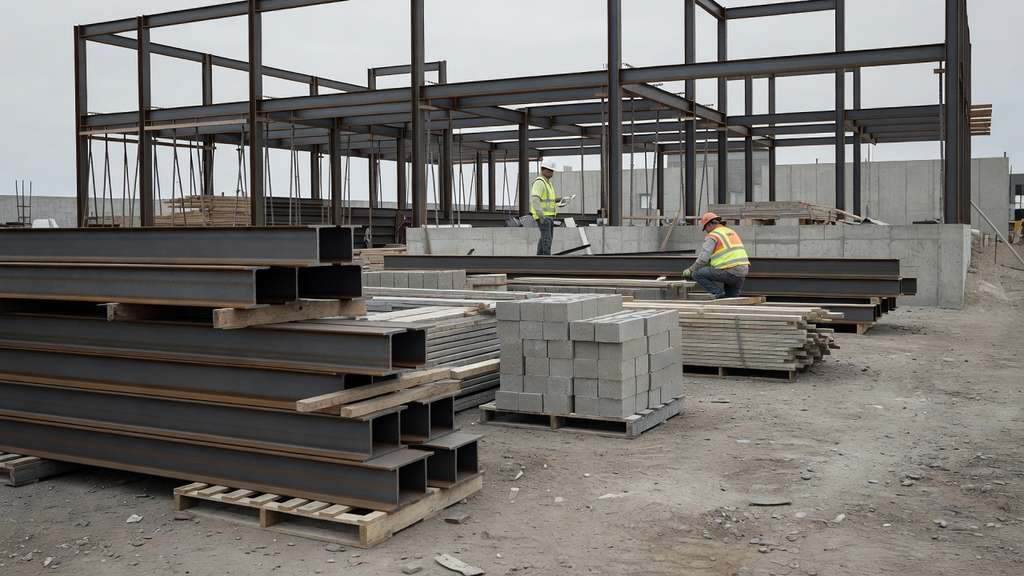 Stacked steel I-beams, lumber and pallets of concrete block resting on bare ground in front of a partly framed steel building, with two construction workers in hard hats and high visibility vests working under flat overcast light