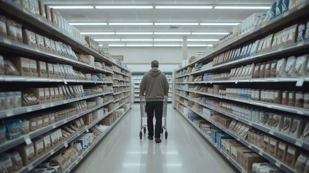 A lone shopper seen from behind pushing an empty metal cart down a long, brightly lit supermarket aisle lined with shelves of packaged goods under rows of fluorescent ceiling lights