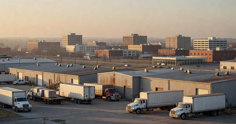 Rows of low metal warehouses with loading docks and parked delivery trucks in a regional American industrial park at sunrise, with a midsize city skyline visible through morning haze in the distance