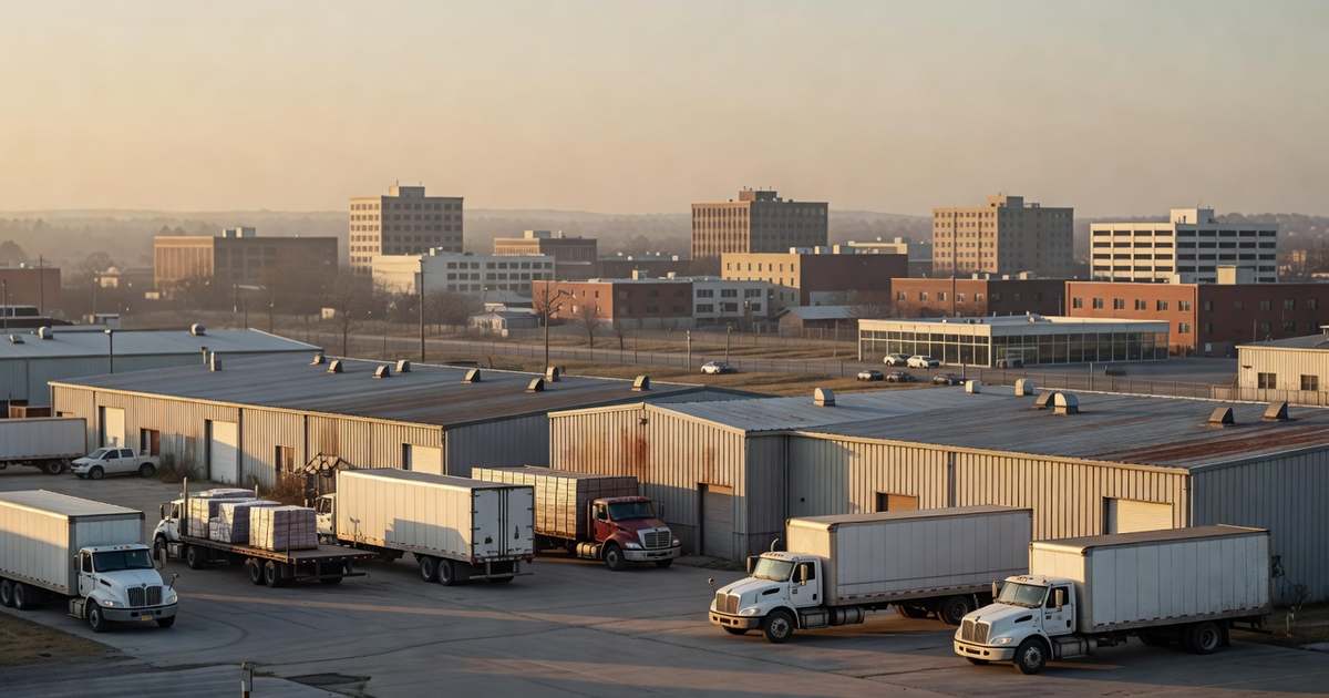 Rows of low metal warehouses with loading docks and parked delivery trucks in a regional American industrial park at sunrise, with a midsize city skyline visible through morning haze in the distance