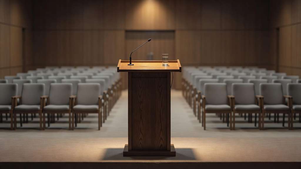 An empty wooden speaker lectern with a single slim microphone and a glass of water stands under a pool of warm light on a low stage, facing rows of empty grey upholstered chairs in a wood paneled conference hall.
