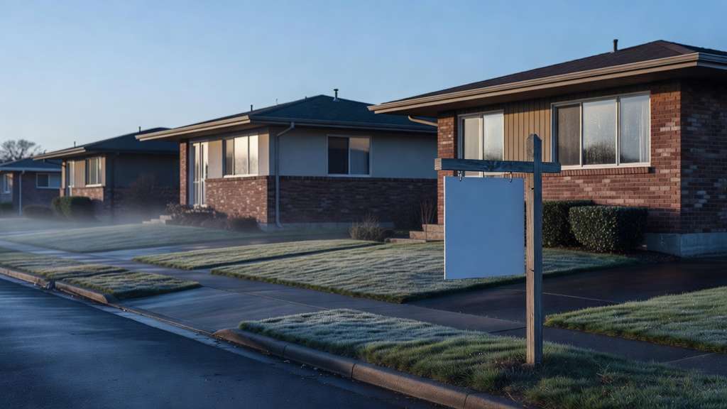 A quiet street of mid century brick and clapboard single family houses at dawn, frost on the lawns and a blank white real estate sign board on a wooden post beside the sidewalk in cool blue morning light.