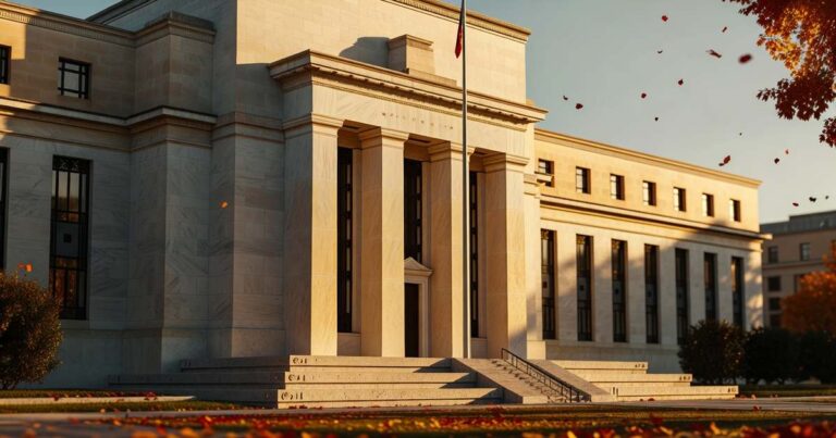 Late afternoon sunlight rakes across the limestone columns and stepped entrance of the Federal Reserve Board headquarters in Washington, with autumn leaves scattered on the lawn and a bare flagpole rising in front of the portico.