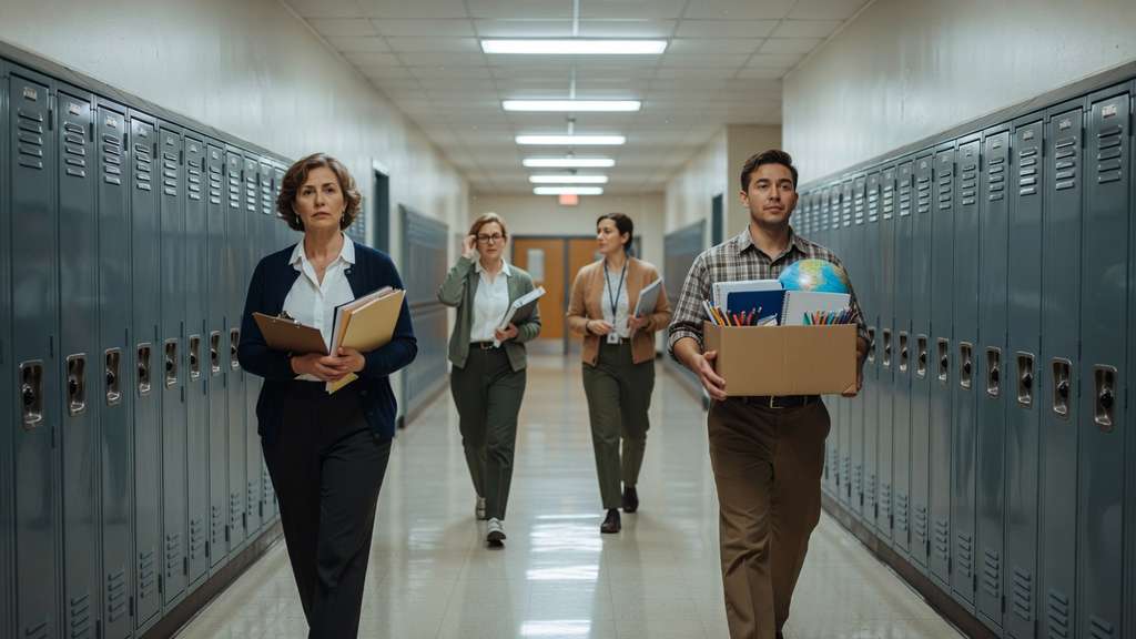 Four public school teachers and staff members walk down a locker-lined hallway carrying folders, notebooks and a box of classroom supplies during the first week of the school year.