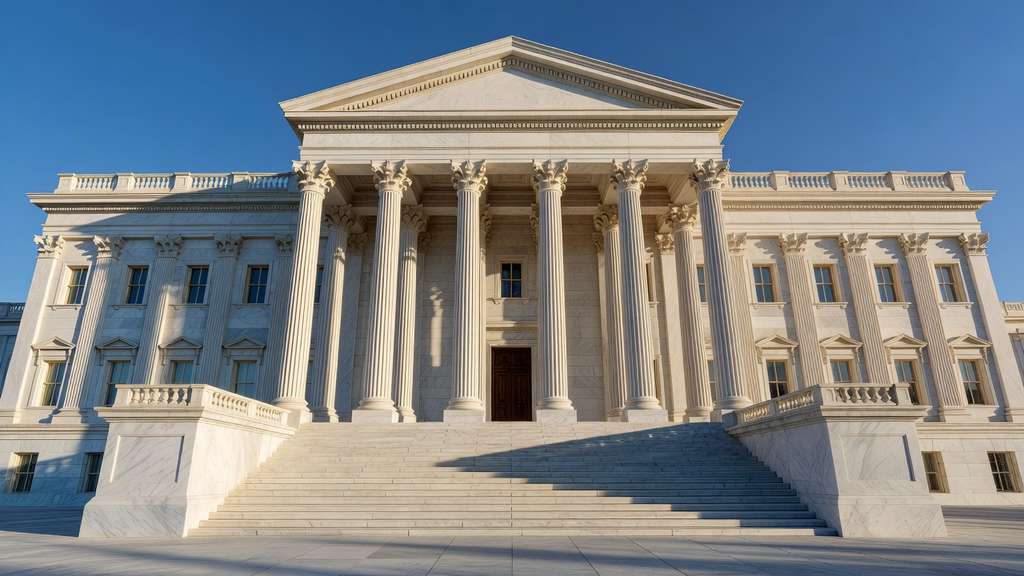 The columned neoclassical marble facade and broad front steps of a large federal government building in Washington photographed from a low angle against a deep blue early autumn sky.