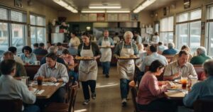 Two servers in aprons carry loaded plates through the crowded dining room of a mid-sized American diner while every booth and table is occupied during a weekday lunch rush.