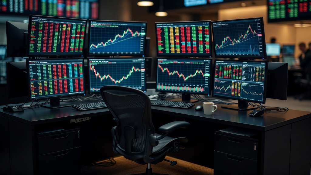 A quiet institutional bond trading desk before the opening bell, price ladders and charts glowing on dark monitors with an empty chair pushed back from the screens.