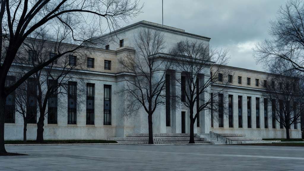 The Marriner S. Eccles Federal Reserve Board building seen through bare branches on an overcast afternoon, its plaza empty during the pre-meeting communications blackout.