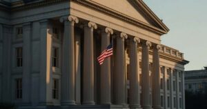 Early morning sunlight on the limestone columns of the United States Treasury building in Washington, the department that schedules the government note and bond auctions.
