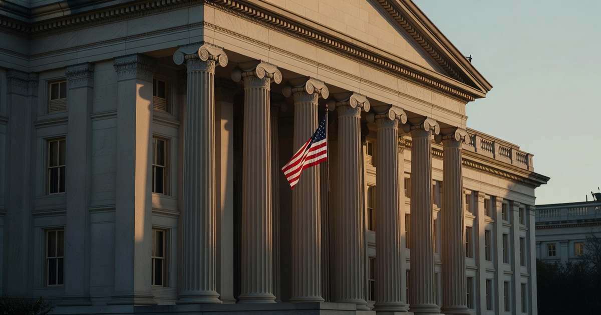 Early morning sunlight on the limestone columns of the United States Treasury building in Washington, the department that schedules the government note and bond auctions.