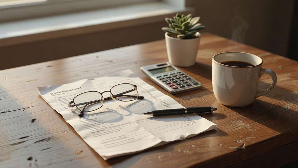An overhead view of a wooden desk in warm afternoon window light showing a folded paper bank statement for a variable rate line of credit with a pair of reading glasses resting on the open page a black ballpoint pen a white ceramic coffee mug a pocket calculator and a small potted succulent arranged nearby with soft shadows falling toward the edges of the frame