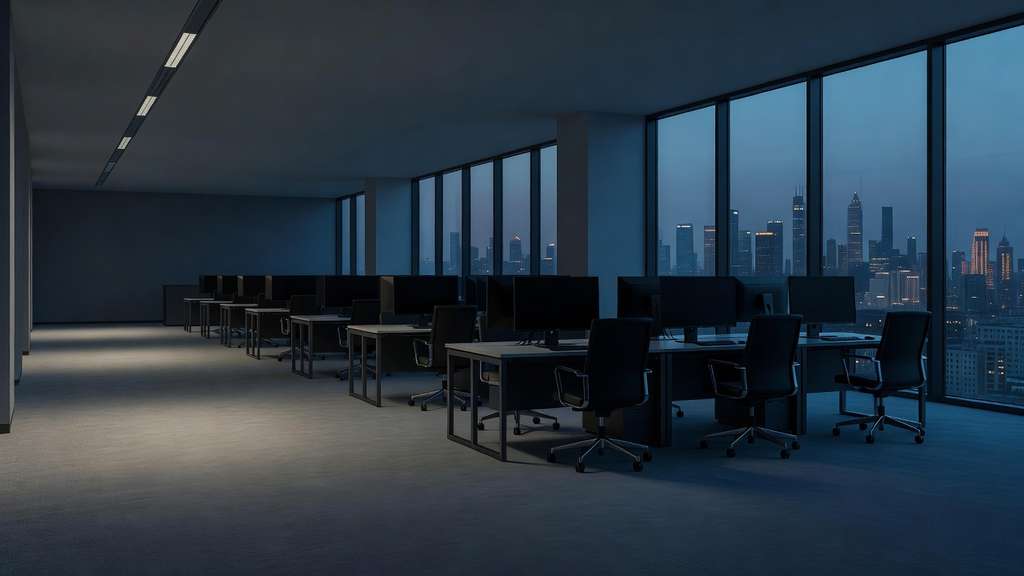 A wide view of an empty modern trading floor at dusk with rows of dark unlit desk monitors angled away from the camera black mesh office chairs pushed in and a wall of floor to ceiling windows on the right showing a deep blue twilight city skyline with distant tower lights while a single overhead fixture casts a pale pool of light across the carpet