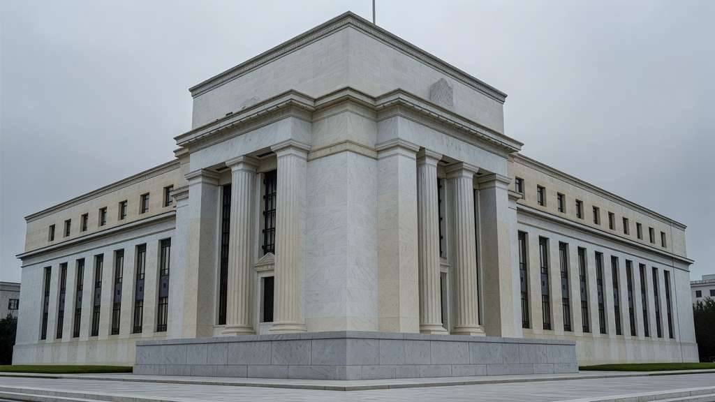 The marble columns and facade of the Federal Reserve Eccles Building in Washington, D.C., photographed under an overcast late summer sky.