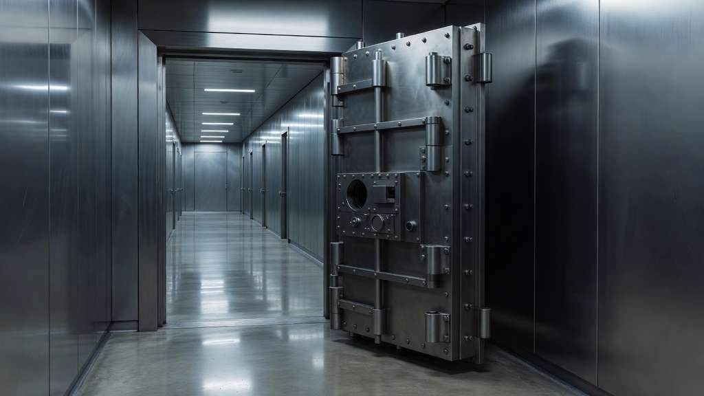 A long empty corridor inside a modern institutional bank vault with a large polished steel vault door standing ajar under cool blue grey lighting.