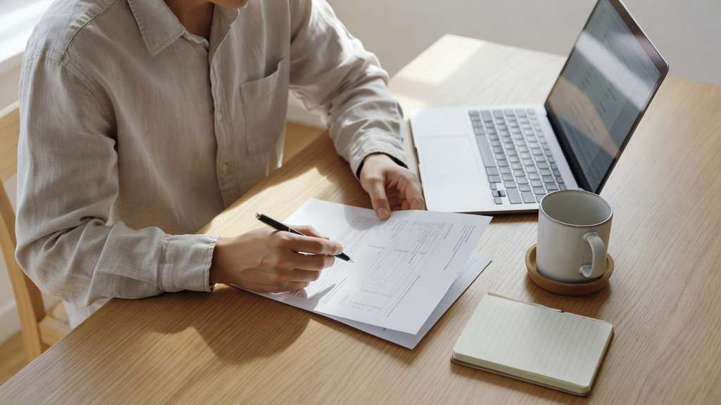 Overhead view of a person seated at a light oak kitchen table reviewing a paper billing statement next to an open laptop, one hand holding a pen beside a mug and a small notebook.