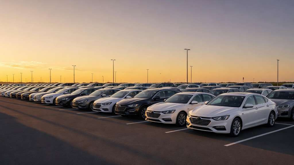 Rows of new unbranded sedans and sport utility vehicles parked across clean asphalt at a dealership lot during golden hour, long shadows stretching toward distant lamp posts.