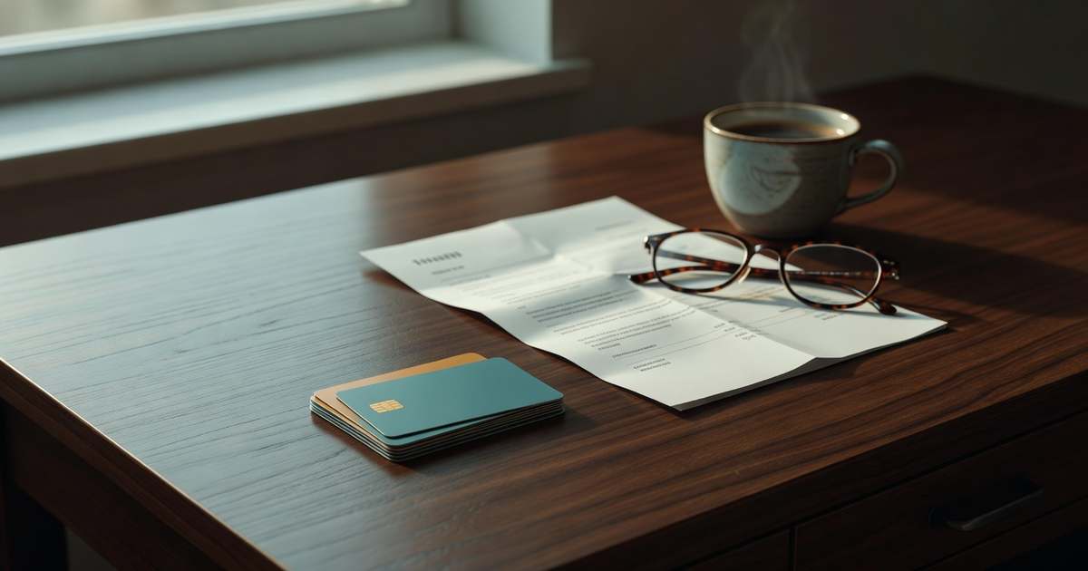 A small fan of unbranded plastic payment cards rests on a dark walnut desk beside a folded paper statement, reading glasses and a ceramic coffee cup in soft morning window light.