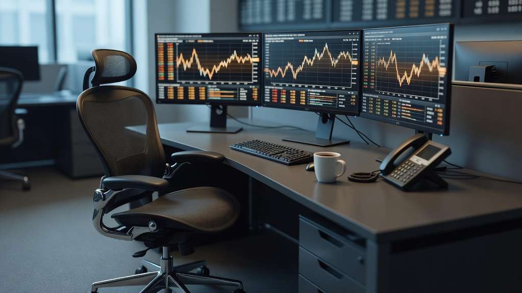 An empty institutional bond trading desk in cool morning light, three curved widescreen monitors displaying amber line charts and dense columns of quote data, an ergonomic chair pushed back from the keyboard beside a white coffee mug and a wired desk phone.