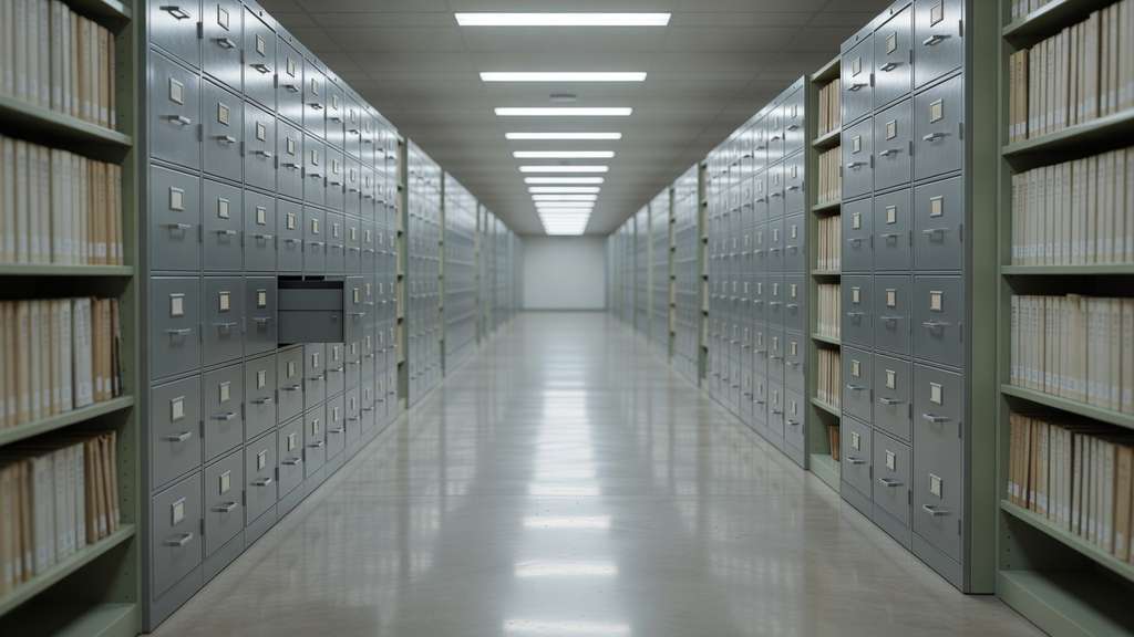 A long corridor of identical grey steel filing cabinets and pale green ledger shelves receding into soft focus under overhead fluorescent strip lights, one drawer left slightly open, polished concrete floor reflecting the ceiling lights.