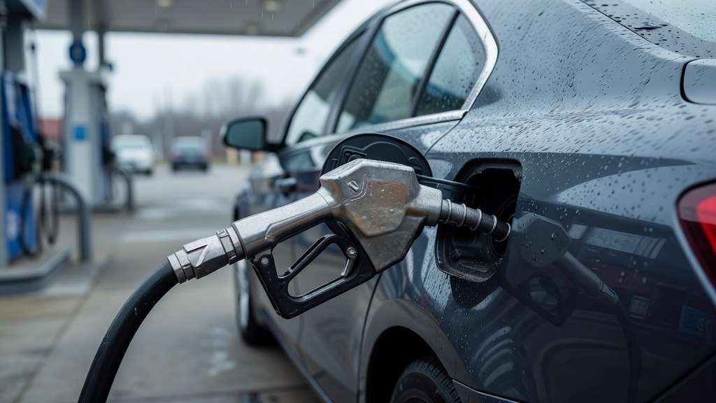 A metal gasoline nozzle inserted into the fuel filler of a dark grey sedan at a service station on a wet overcast morning, with rain beads on the paintwork and fuel pumps blurred behind.
