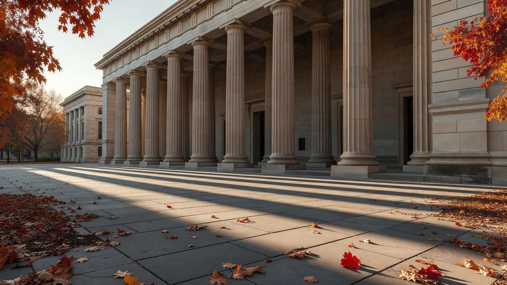 Morning sunlight rakes across the stone colonnade of a neoclassical federal government building in Washington, casting long shadows over an empty paved plaza strewn with autumn leaves.