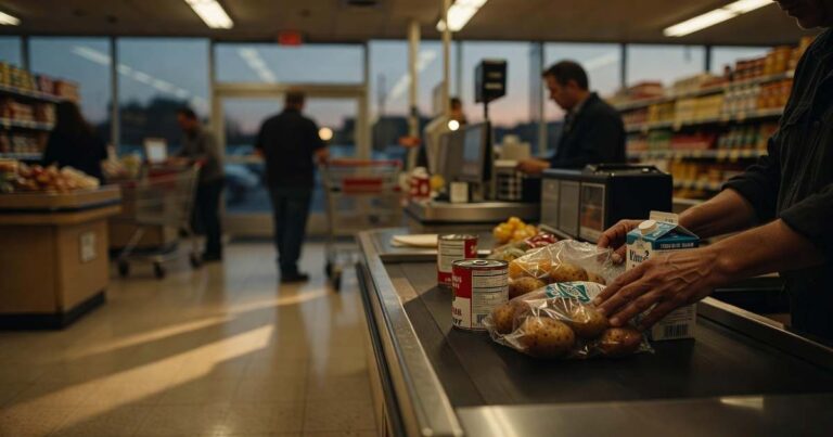 A shopper places canned goods, potatoes and a milk carton on a supermarket conveyor belt at dusk while other customers queue at nearby checkout lanes under warm overhead lighting.
