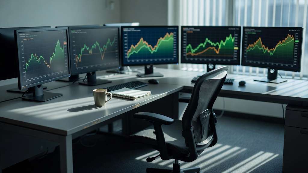 An empty institutional fixed income trading desk before the opening bell, with several monitors glowing with blurred green and amber line graphs and a notebook left open beside a cold cup of coffee.