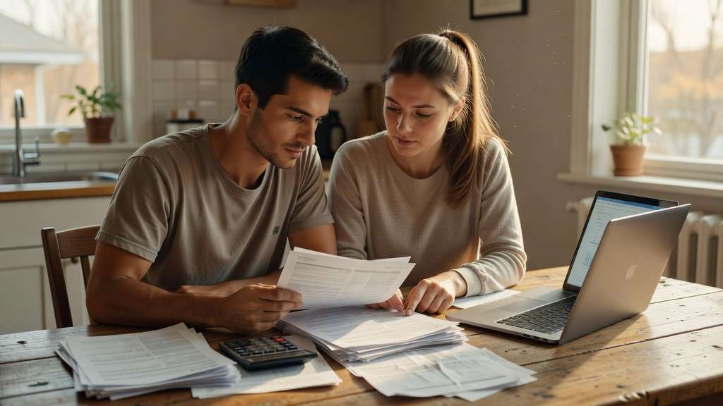A couple sits at a kitchen table in late afternoon light, working through a stack of loan paperwork with a calculator and an open laptop between them.
