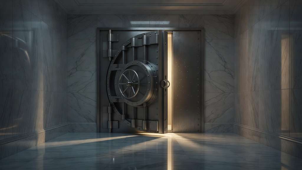 A heavy bank vault door stands partly open in a dim marble hall with warm light spilling from inside