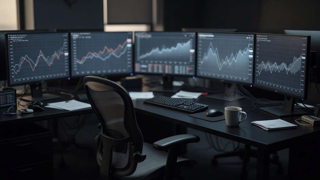 A darkened trading desk at dawn lit only by the cool glow of monitors, with an empty chair and a cooling cup of coffee
