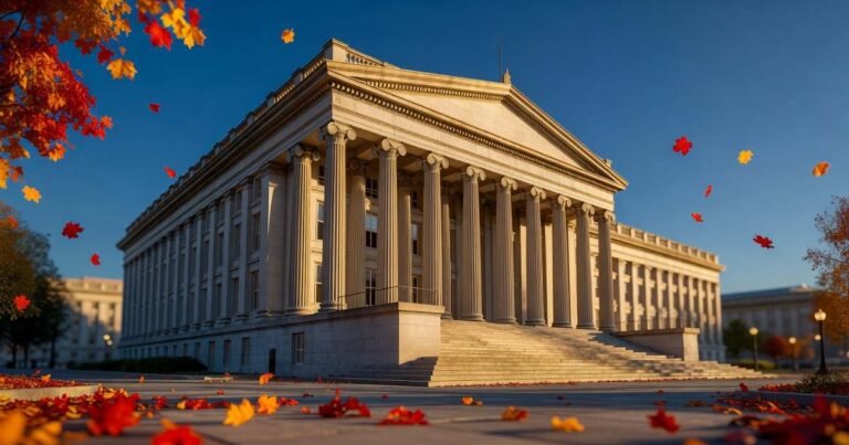 Early morning sunlight rakes across the stone columns of the United States Treasury Building in Washington DC under a clear autumn sky