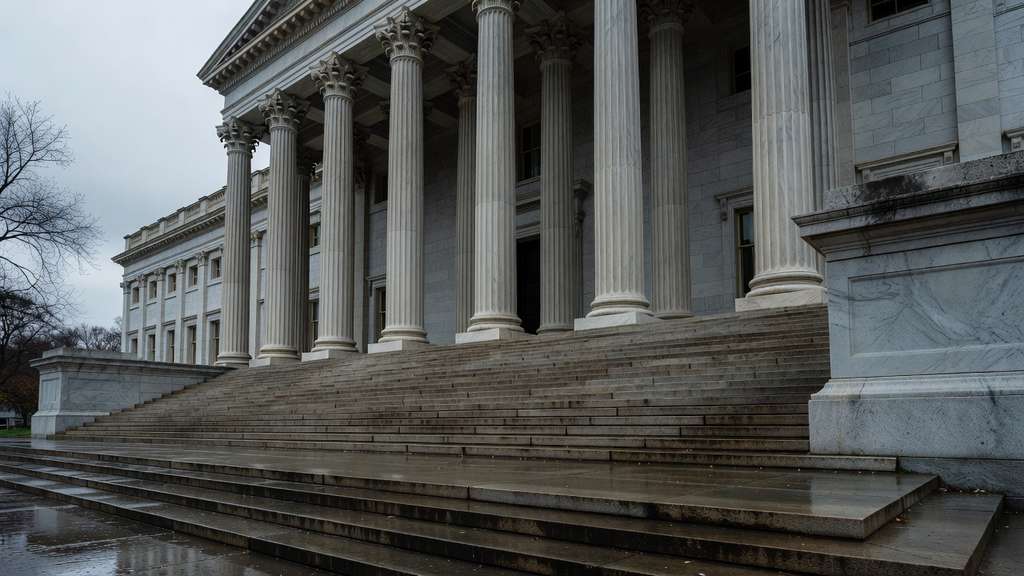 Neoclassical facade of a large United States federal government building in Washington on an overcast autumn morning with tall fluted marble columns a deep shadowed portico wide granite steps wet from rain and bare tree branches at the edge of the frame