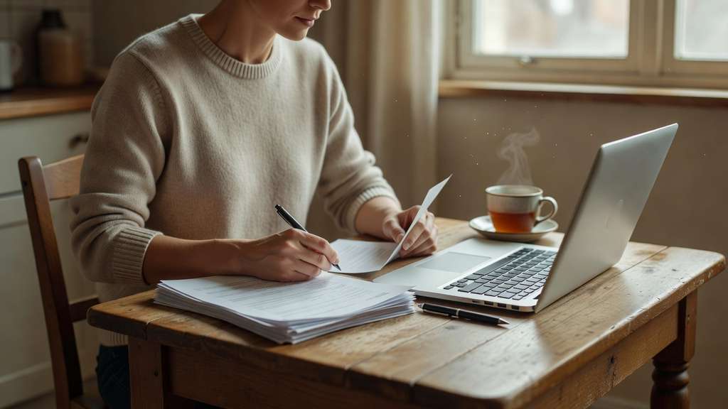 Person in a plain knit sweater seated at a small kitchen table reviewing a stack of paper statements beside an open laptop in morning light from a window with a mug of tea and a pen resting on the table