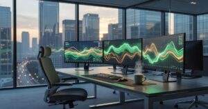 Wide photograph of a modern institutional fixed income trading desk at dawn with several curved dark monitors glowing with abstract green and amber line charts and grids an empty ergonomic chair pushed back a ceramic coffee cup beside a keyboard and floor to ceiling windows behind showing a blue grey city skyline at first light