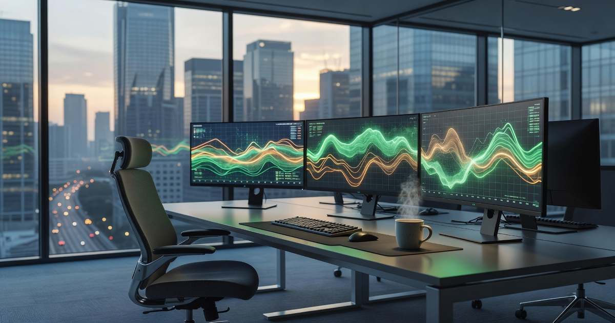 Wide photograph of a modern institutional fixed income trading desk at dawn with several curved dark monitors glowing with abstract green and amber line charts and grids an empty ergonomic chair pushed back a ceramic coffee cup beside a keyboard and floor to ceiling windows behind showing a blue grey city skyline at first light