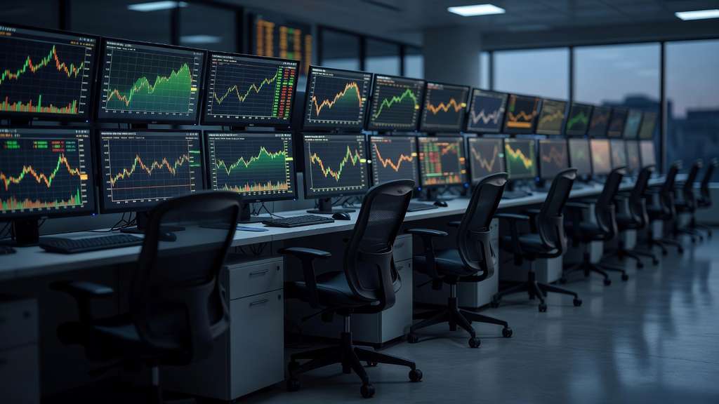 An empty institutional bond trading desk at dusk with rows of dark monitors displaying green and amber line charts under cool blue ambient light