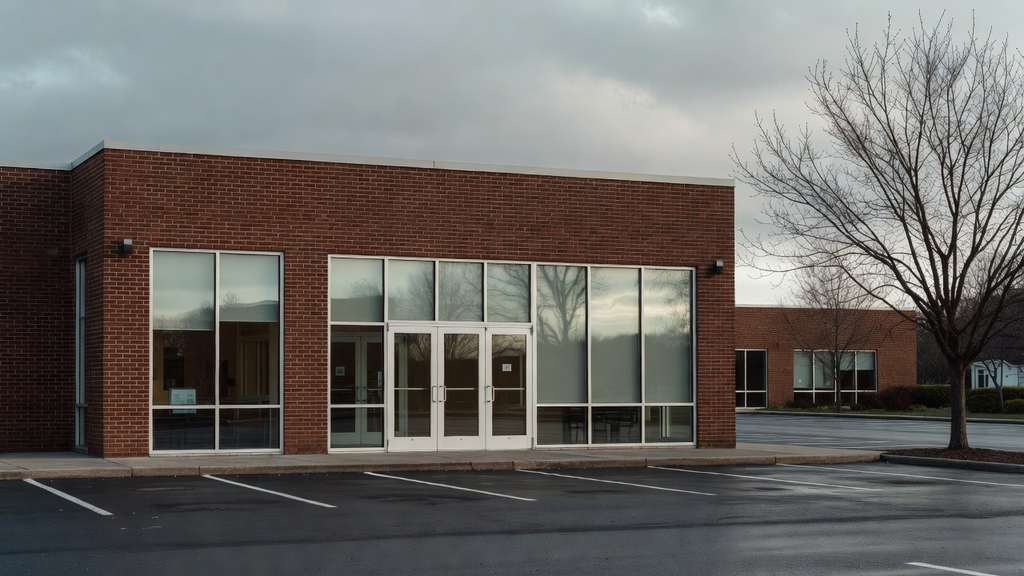 The brick and glass exterior of a suburban American bank branch on an overcast morning with a bare maple tree and empty parking spaces in the foreground