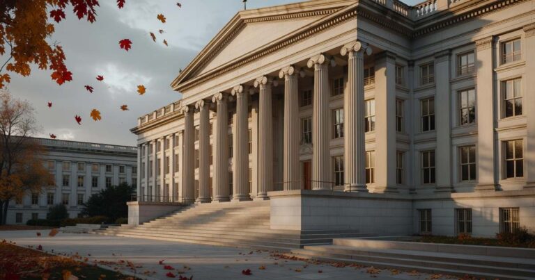 The columned neoclassical facade of the United States Treasury Department building in Washington DC photographed at golden hour under an overcast autumn sky
