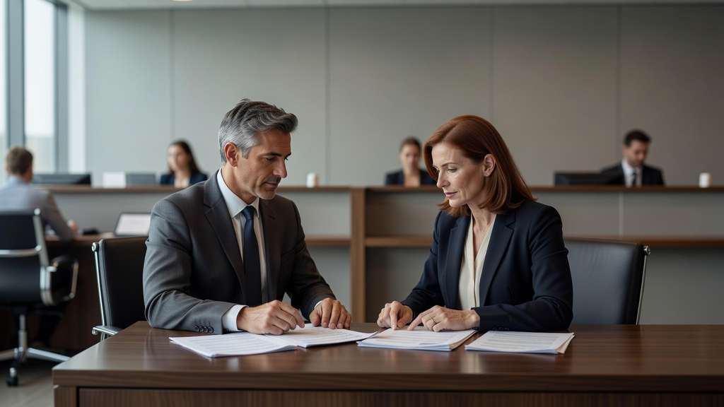 A loan officer in business attire sits across a desk from a customer in a modern bank branch, both looking over printed loan paperwork in soft daylight from a nearby window, with teller counters blurred in the background.