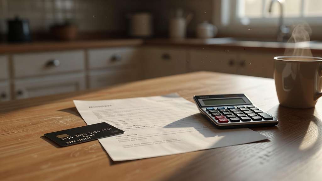 A close view of a kitchen table in warm morning light showing a credit card resting beside a folded paper billing statement and a small calculator, with a coffee cup just inside the edge of the frame.