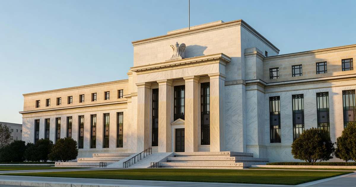 The neoclassical marble facade of the Federal Reserve headquarters in Washington DC lit by low golden sunrise light, tall columns casting long shadows across the stone steps under a clear pale blue sky.
