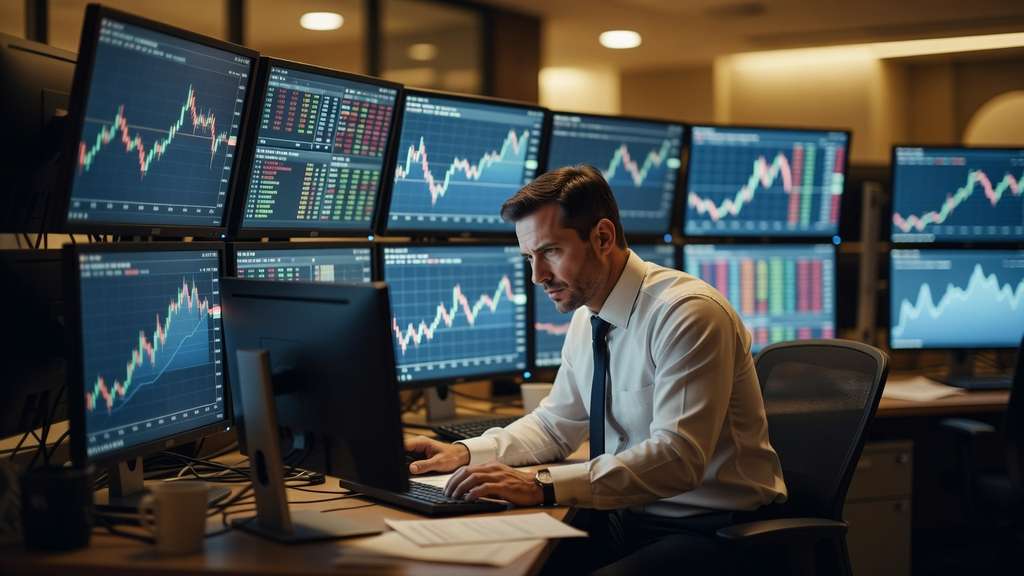 A bond trader at an institutional trading desk studying a bank of monitors filled with blurred market charts, lit by cool blue screen glow in a darkened dealing room