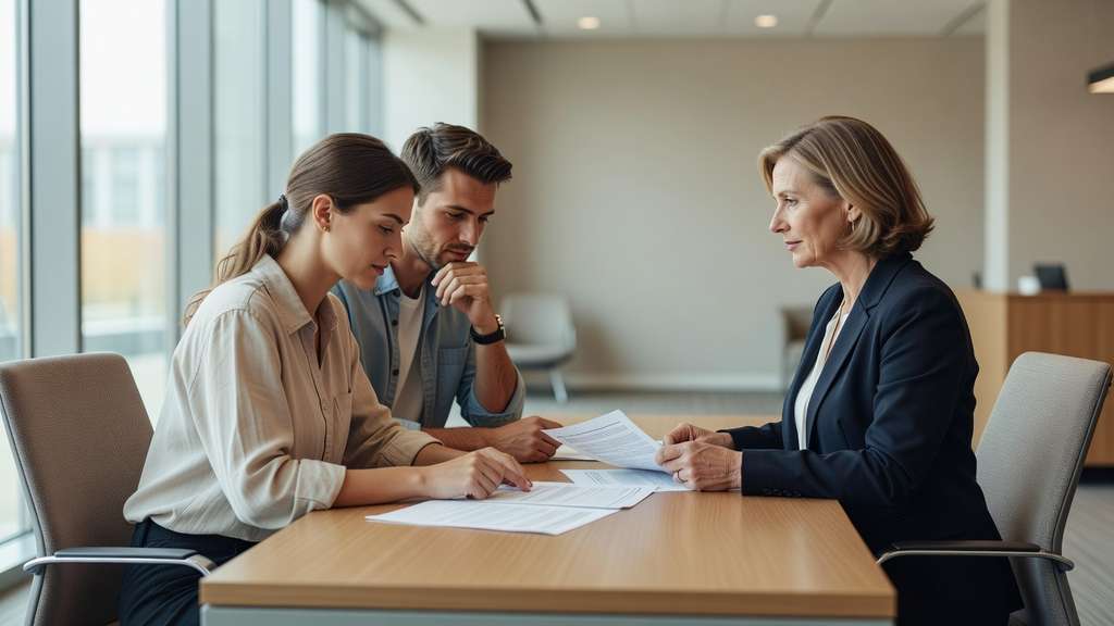 A young couple seated across a desk from a loan officer in a bright modern bank branch, reviewing loan paperwork together in natural window light