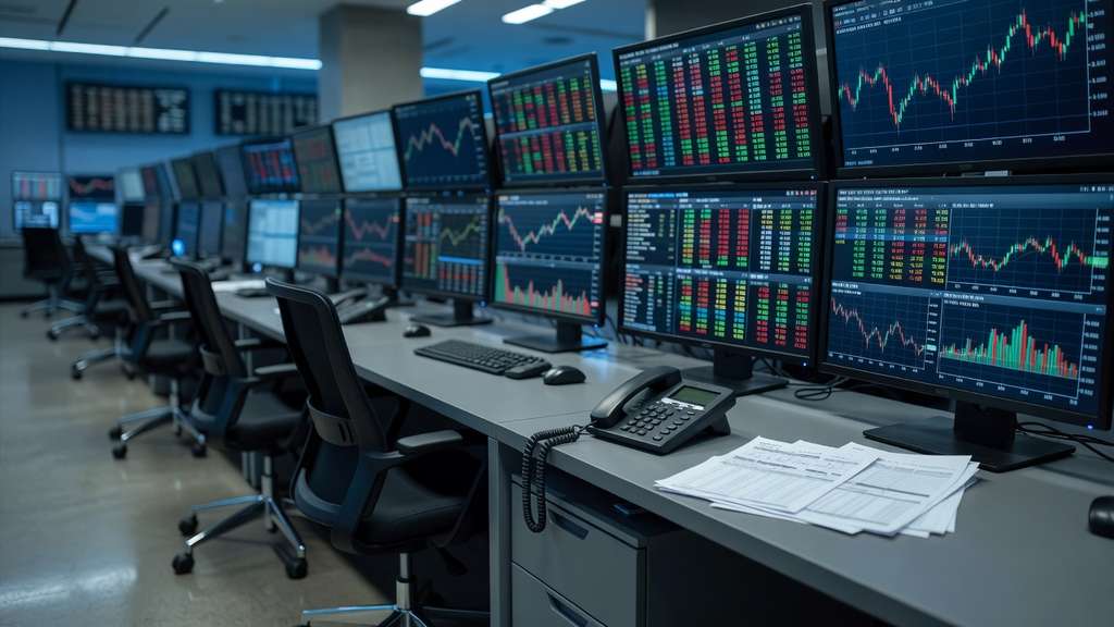 An institutional bond trading desk after hours, rows of flat panel monitors glowing with price ladders and charts above empty chairs and stacks of printed auction paperwork.