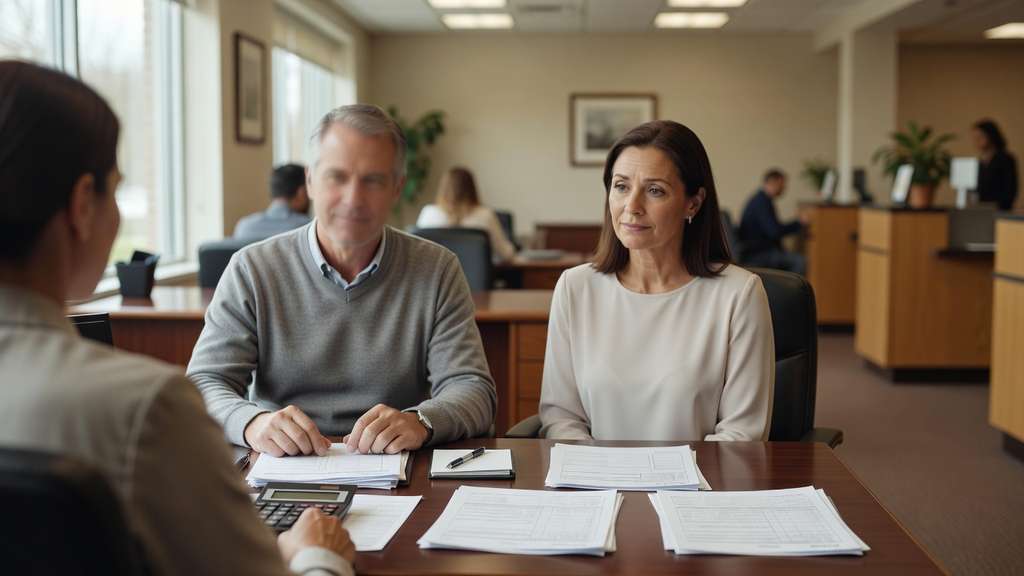 A couple seated across a desk from a loan officer inside a sunlit community bank branch, reviewing paperwork and a calculator on a polished wood desk.