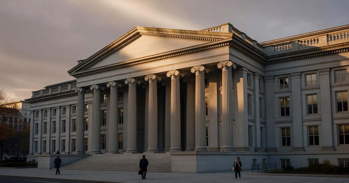 The neoclassical stone facade and Ionic colonnade of the United States Treasury Department building in Washington photographed in low golden afternoon light, with pedestrians walking along the sidewalk below the steps.